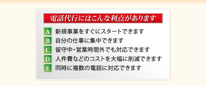 電話代行にはこんな利点があります　A 新規事業をすぐにスタートできます　B 自分の仕事に集中できます　C 留守中・営業時間外でも対応できます　D 人件費などのコストを大幅に削減できます　E 同時に複数の電話に対応できます